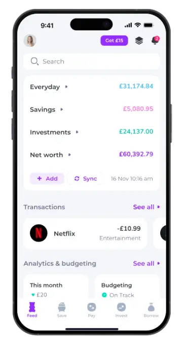Emma app dashboard on iPhone showing budget overview and spending analytics